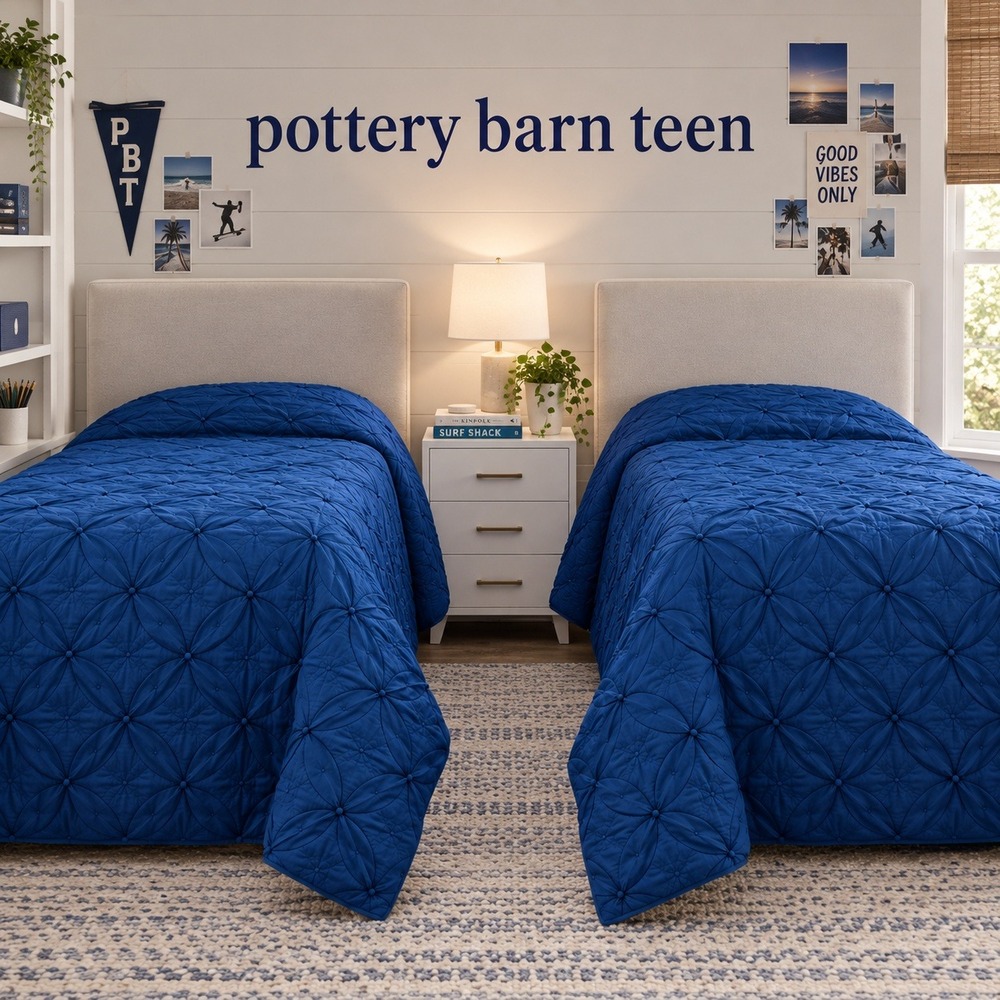 Lot of 2 Pottery Barn Teen Navy Blue Pintuck Petal Quilt Twin 63x83 Comforters